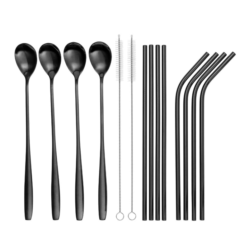 14 teilig Edelstahl Trinkhalm Set Schwarz