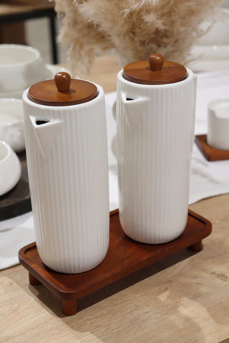 Acacia Öl- & Essigflasche Set mit Stand