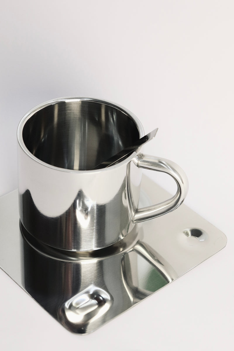 Edelstahl Kaffeetasse mit Tablett und Löffel 3 teilig