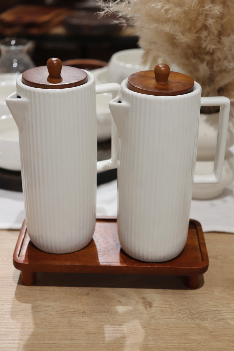 Acacia Öl- & Essigflasche Set mit Stand