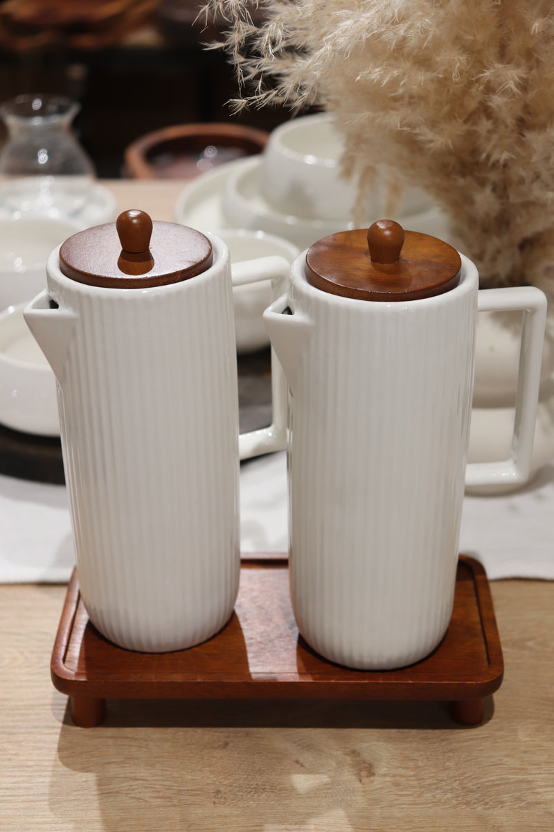 Acacia Öl- & Essigflasche Set mit Stand