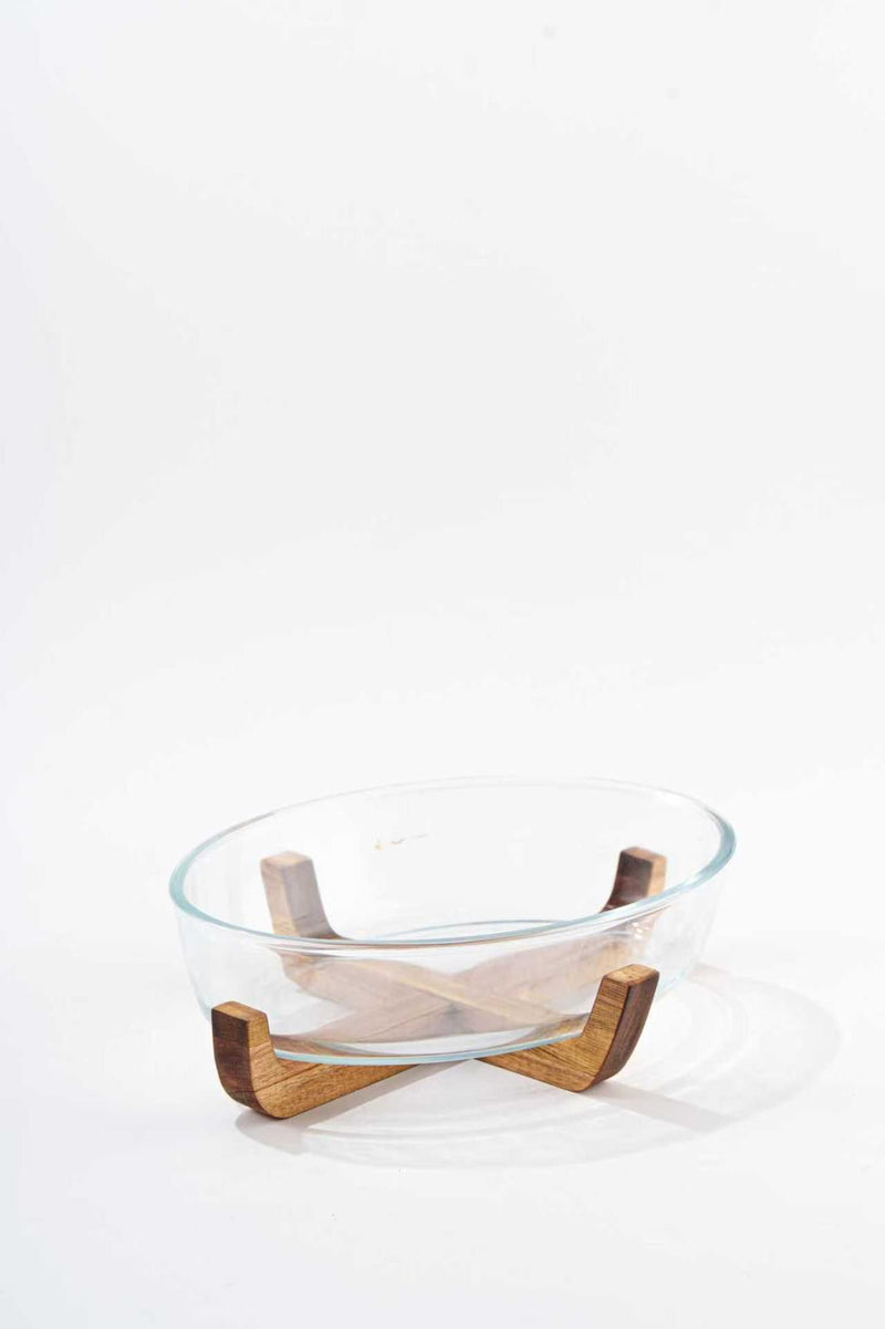 Glasschüssel Oval mit Akaziestand 26,5cm