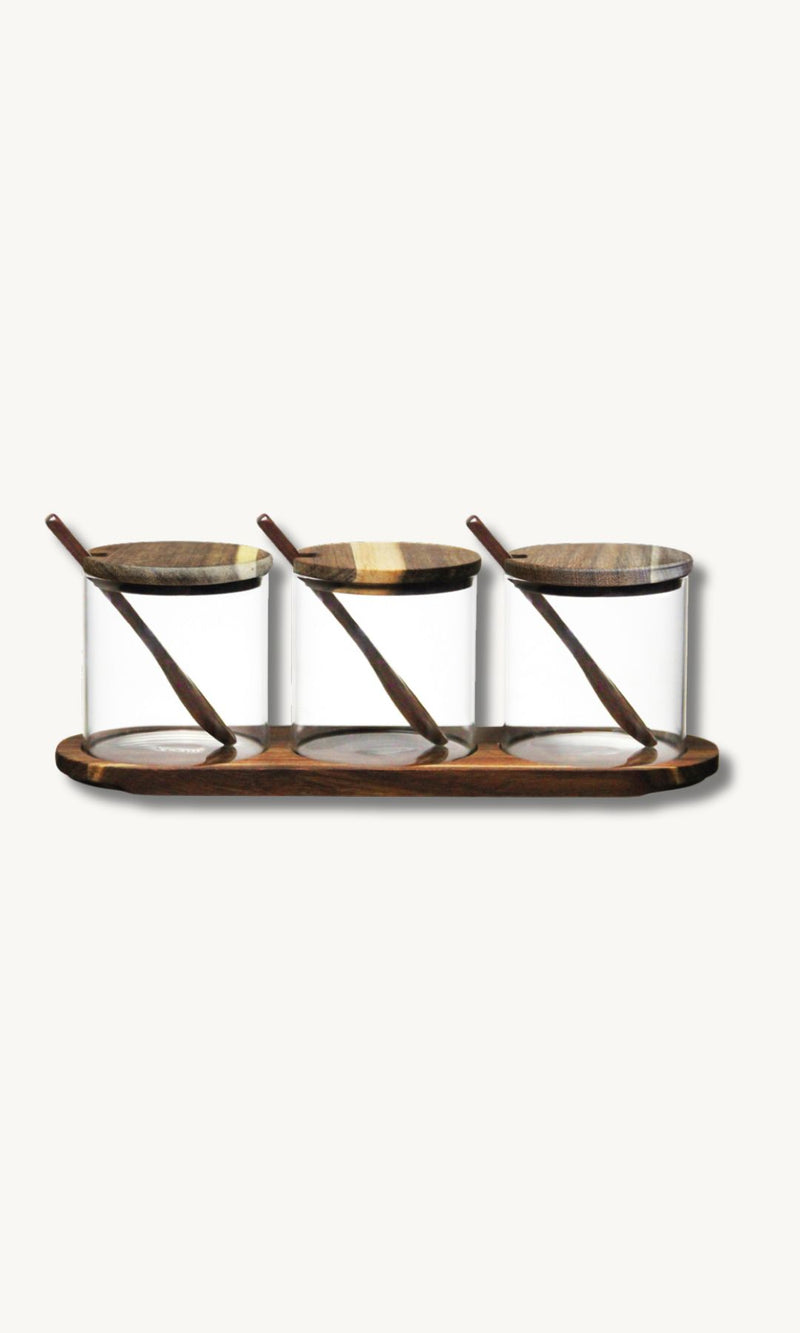 Rio Gewürzgläser Set mit Akaziendeckel und Gewürzlöffel - 3x300ml