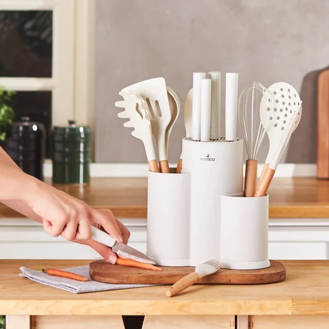 Karaca Burby Wood Messerset und Serviceset 14 teilig Creme