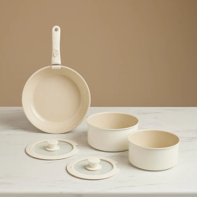 Karaca Comfort Cream 6-Teiliges Topfset mit abnehmbaren Griffen Induktionsgeeignet