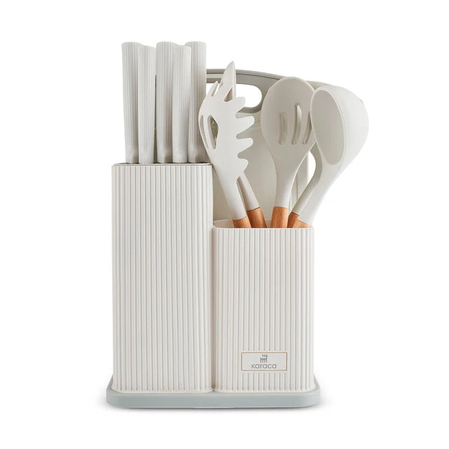 Karaca Massimo Line Messerset + Servierbesteck und Schneidebrett Creme
