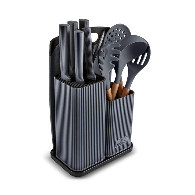 Karaca Massimo Line Messerset + Servierbesteck und Schneidebrett Grau