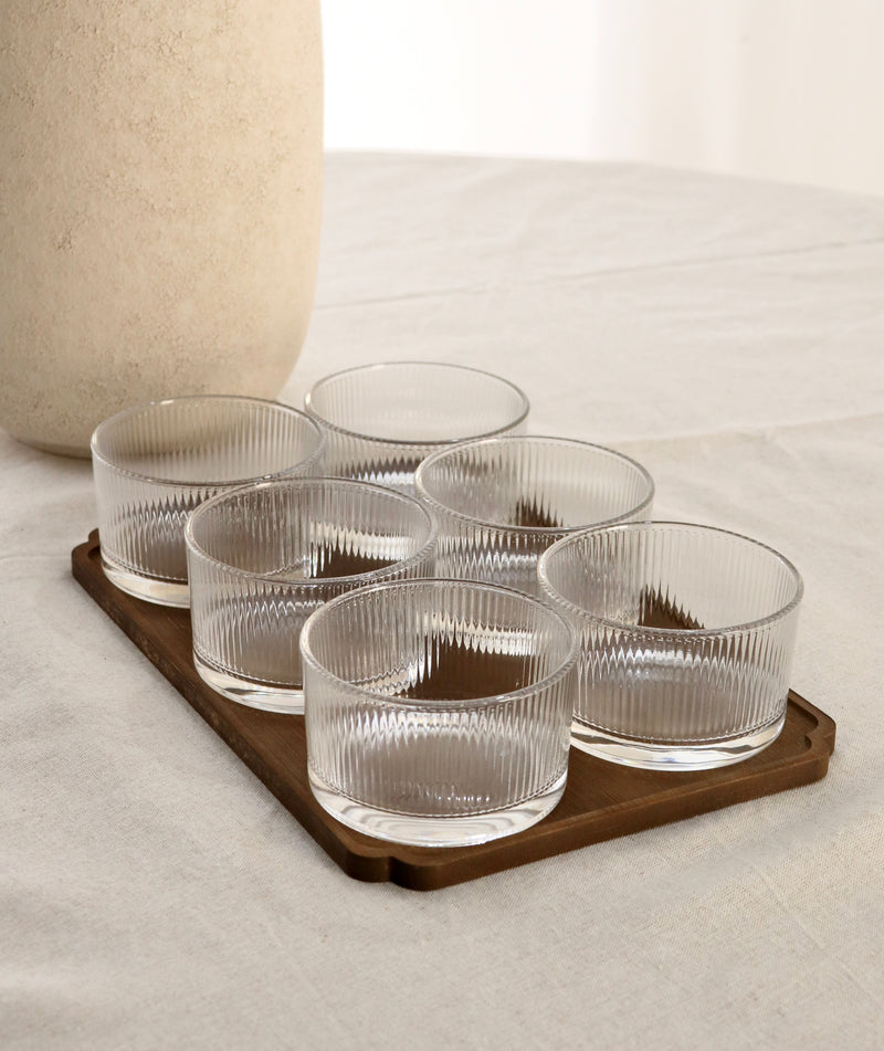 Glasschalen Snackset Rund  mit Holztablett 7 teilig