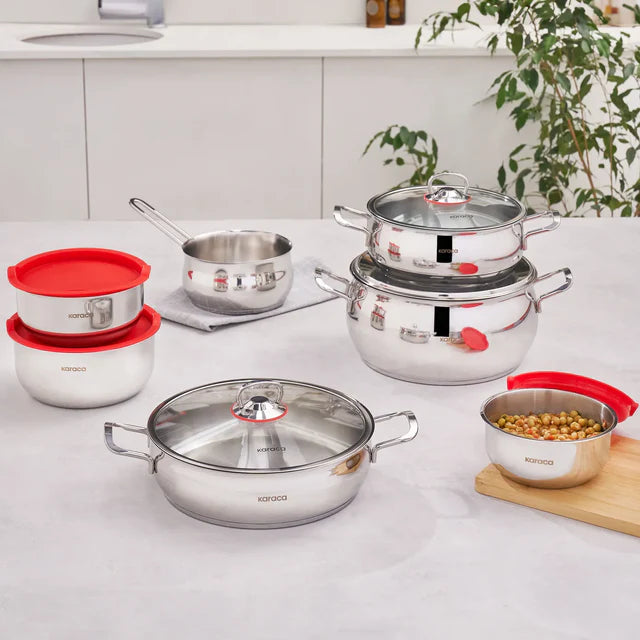 Karaca Pisir&Sakla Induktions Stahl Kochgeschirr Set mit Vorratsbehälter, 13 Teilig