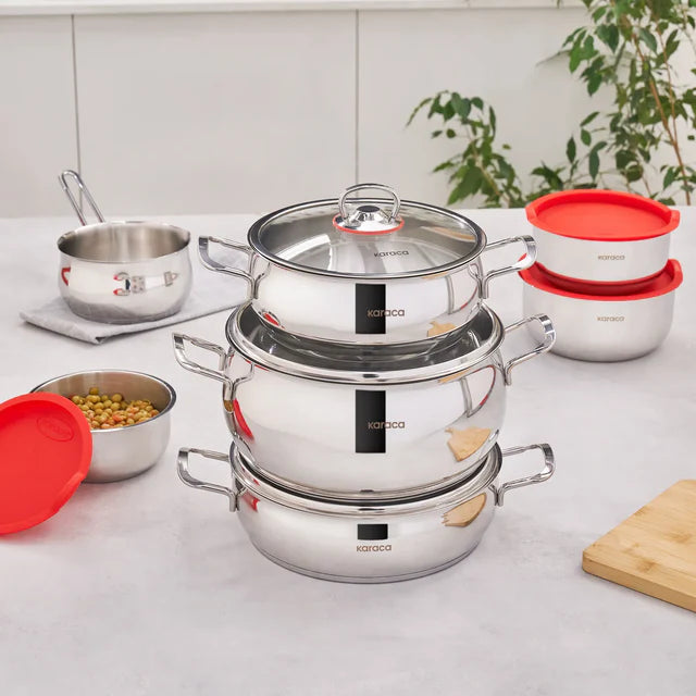 Karaca Pisir&Sakla Induktions Stahl Kochgeschirr Set mit Vorratsbehälter, 13 Teilig