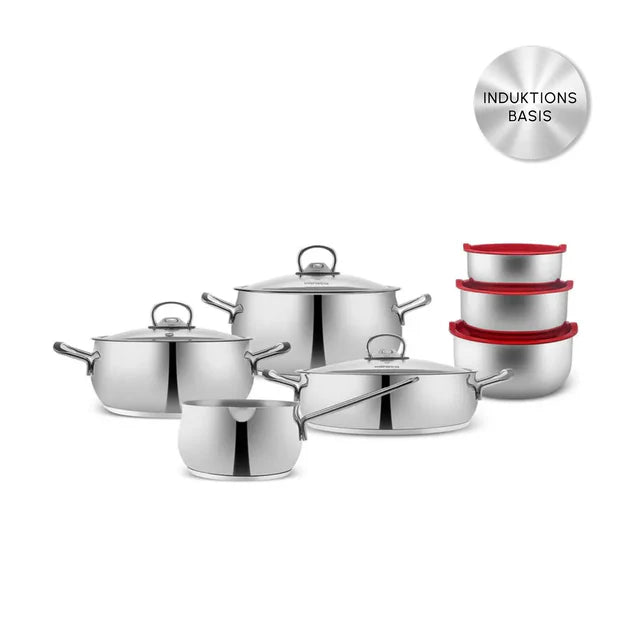 Karaca Pisir&Sakla Induktions Stahl Kochgeschirr Set mit Vorratsbehälter, 13 Teilig