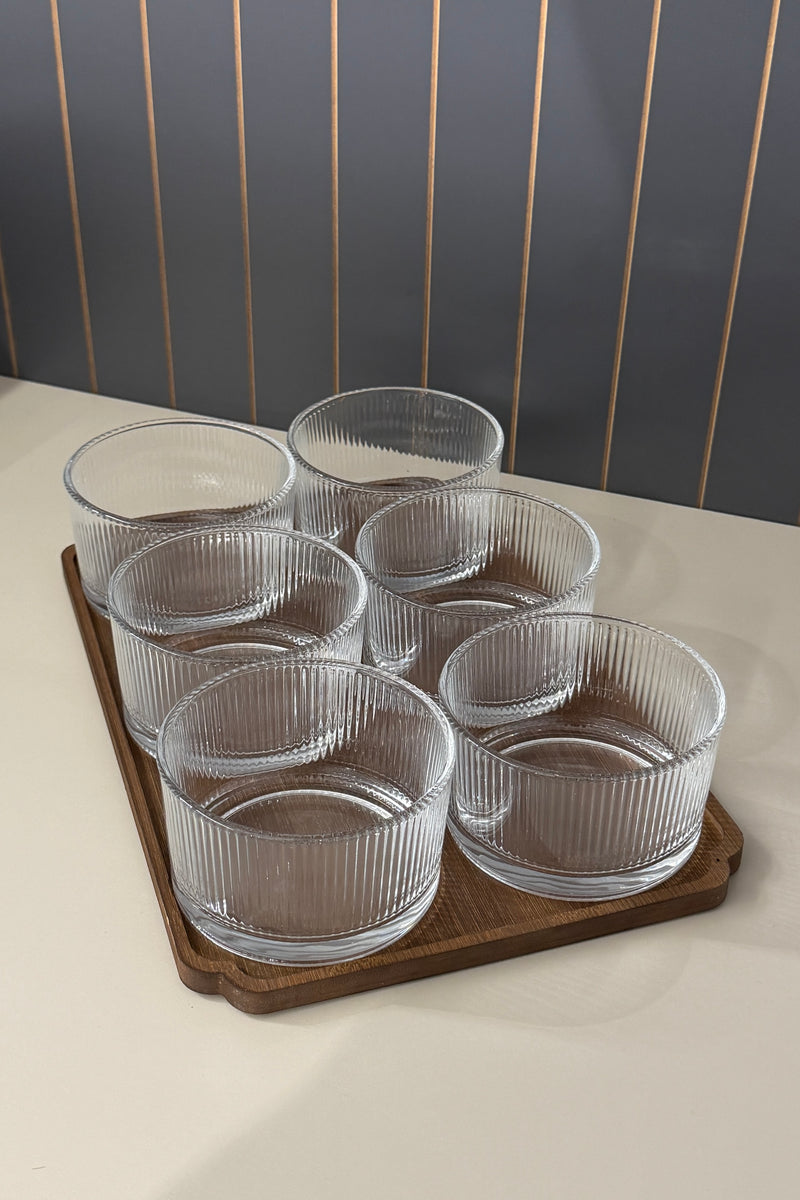 Glasschalen Snackset Rund  mit Holztablett 7 teilig