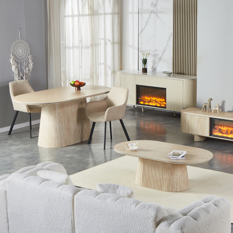 Esstisch + Couchtisch Set mit Keramikplatte Sandsteinoptik