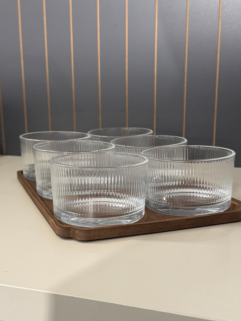 Glasschalen Snackset Rund  mit Holztablett 7 teilig
