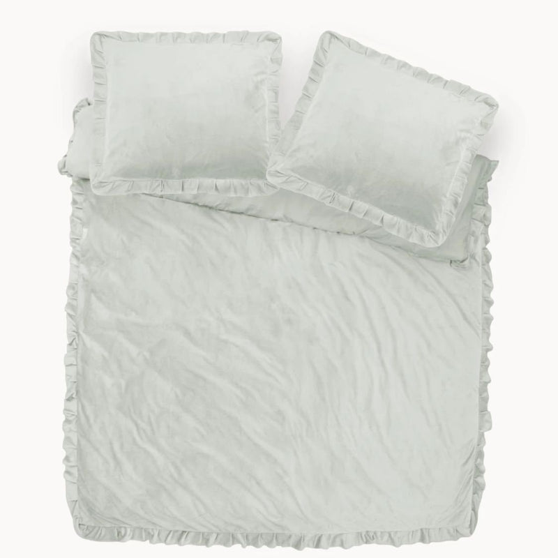 Bettwäsche Set Doppelbett Velvet Ruffle Hellgrau Samt