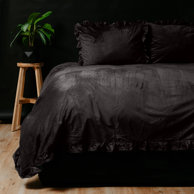 Bettwäsche Set Doppelbett Velvet Ruffle Schwarzbraun Samt