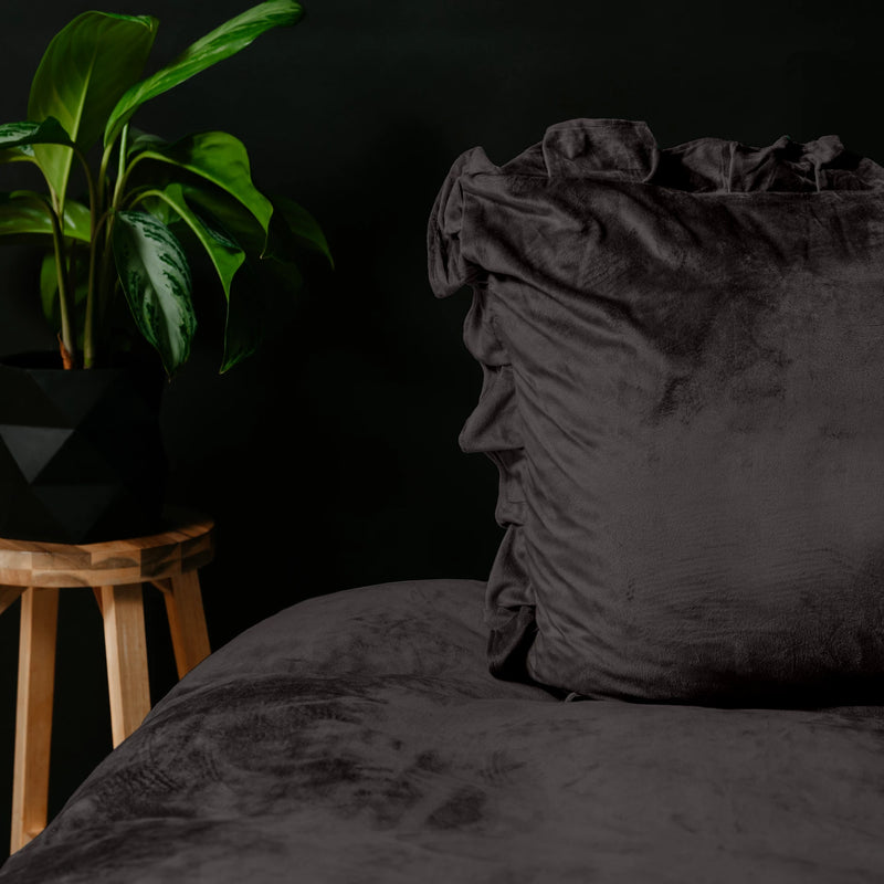 Bettwäsche Set Doppelbett Velvet Ruffle Schwarzbraun Samt