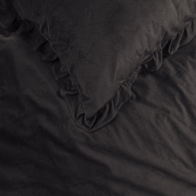 Bettwäsche Set Doppelbett Velvet Ruffle Schwarzbraun Samt