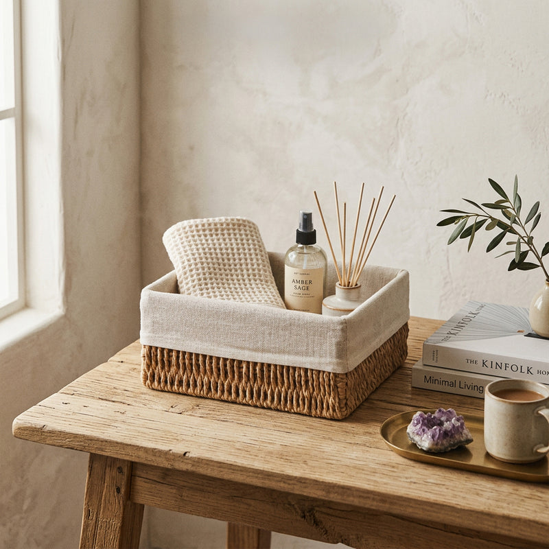 Aufbewahrungskorb quadratisch -BOHO- mit Leinenfutter