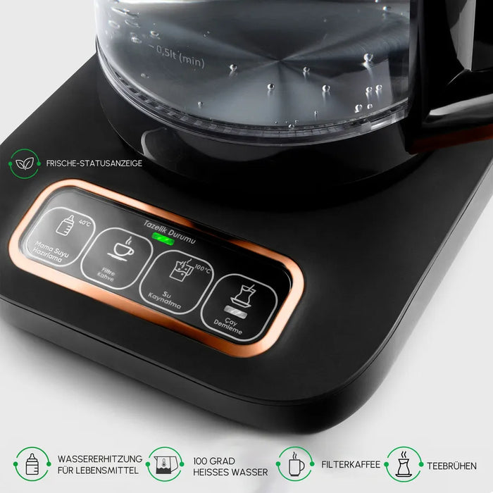 Karaca Çaysever Robotea Pro 4 in 1 Sprechende Automatische Glas-Teemaschine, Wasserkocher und Filterkaffeemaschine Schwarz Kupfer