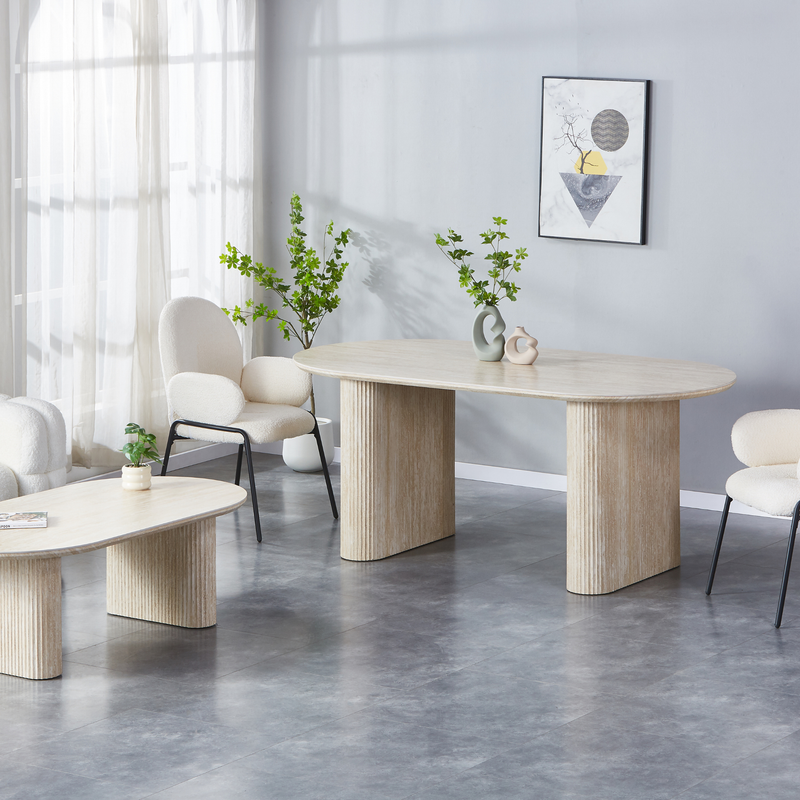 Esstisch + Couchtisch Set mit Keramikplatte Sandfarben