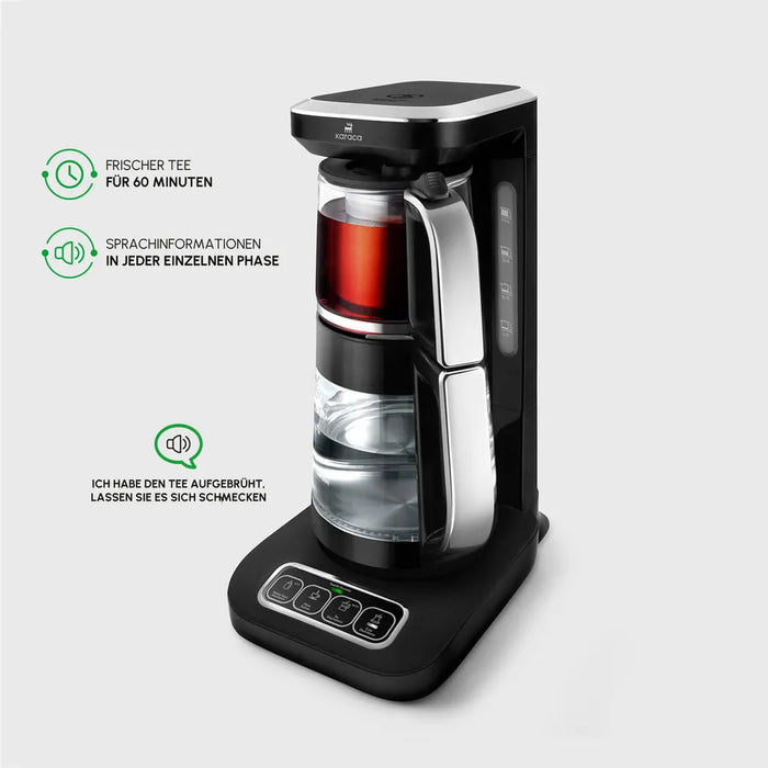 Karaca Çaysever Robotea Pro 4 in 1 Sprechende Automatische Glas-Teemaschine, Wasserkocher und Filterkaffeemaschine Schwarz Chrom