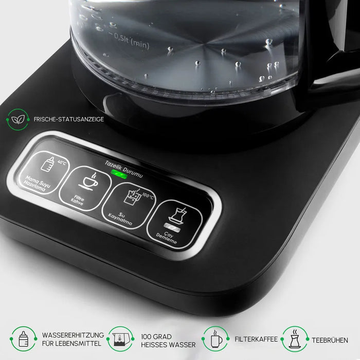 Karaca Çaysever Robotea Pro 4 in 1 Sprechende Automatische Glas-Teemaschine, Wasserkocher und Filterkaffeemaschine Schwarz Chrom