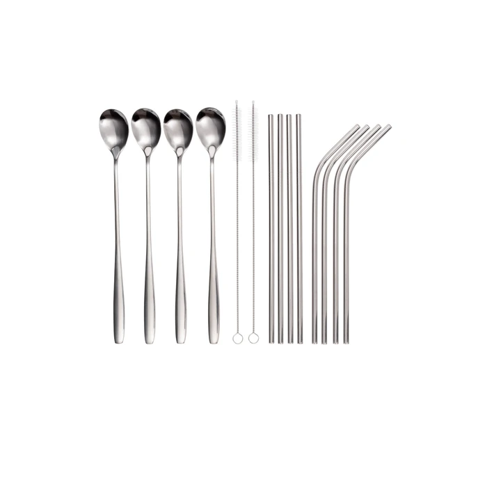 14 teilig Edelstahl Trinkhalm Set Silber