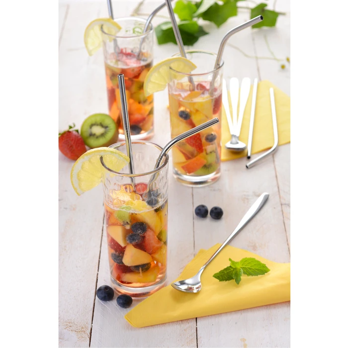 14 teilig Edelstahl Trinkhalm Set Silber