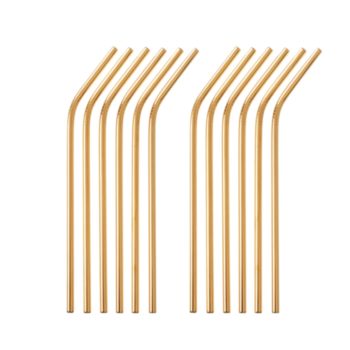 12 teilig Edelstahl Trinkhalm Set Goldfarben Gebogen