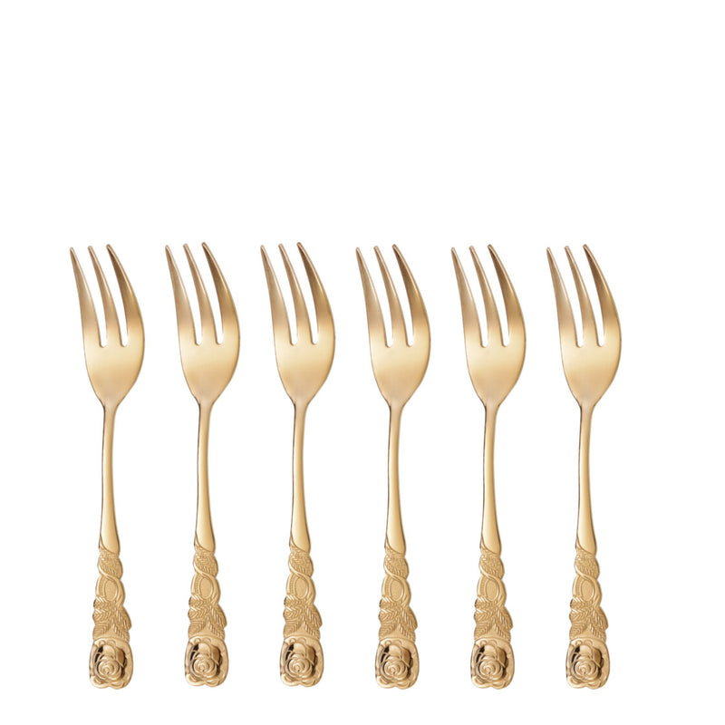 6 Stück Kuchengabel mit Rosendekor Goldfarben